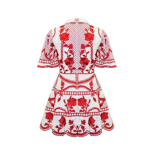 Embroidered Mini Dress - White and Red