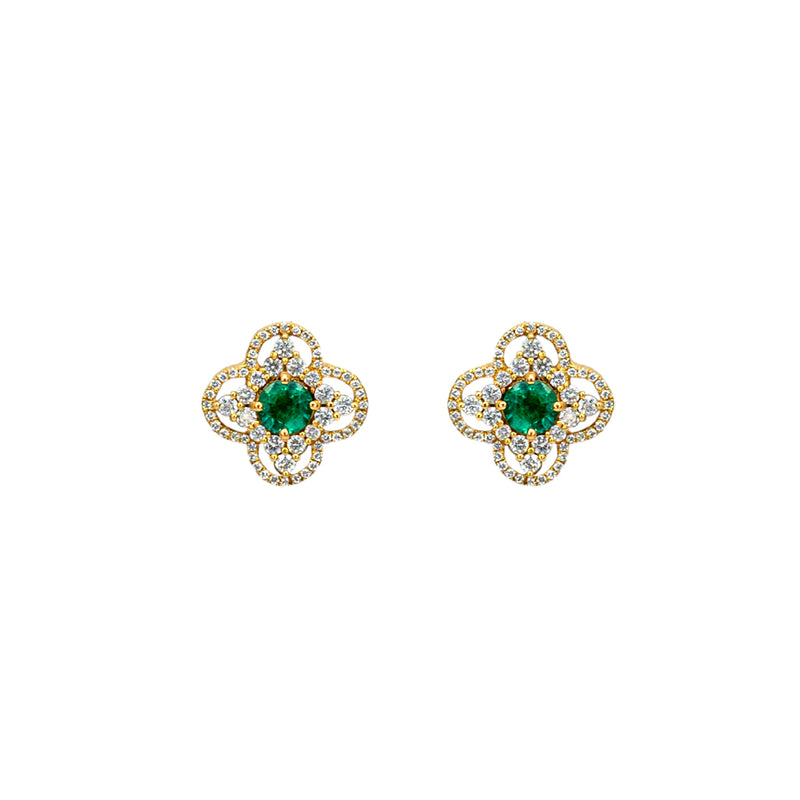 Flower Diamond and Emerald in Yellow Gold Earrings