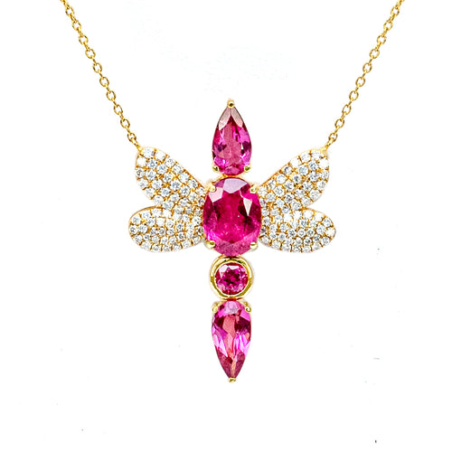 Dragonfly Diamond Rubellite in Yellow Gold Necklace