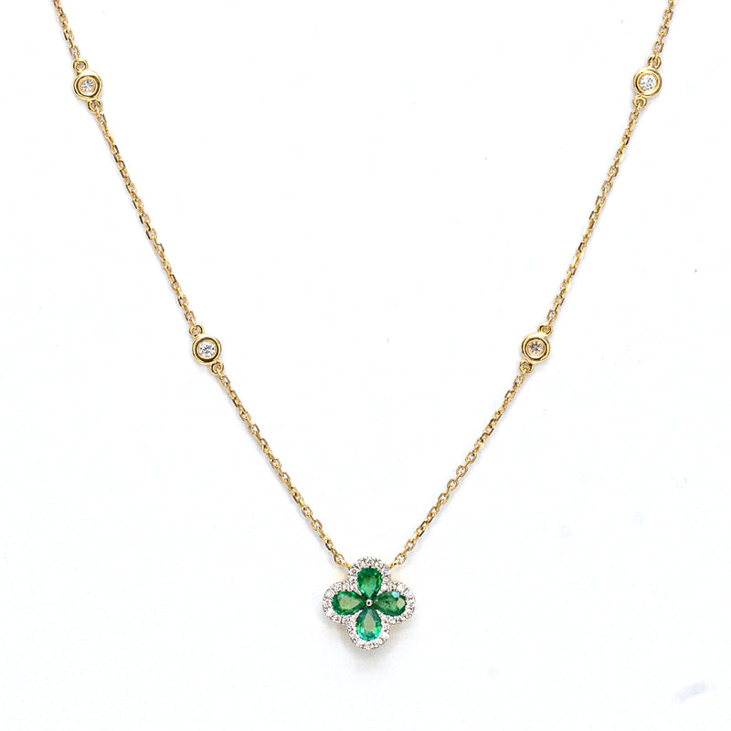 Emerald and Diamond Clover on Yellow Gold Chain Necklace