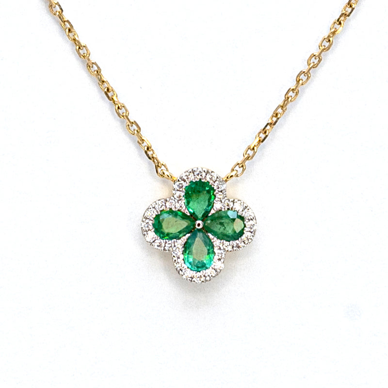 Emerald and Diamond Clover on Yellow Gold Chain Necklace