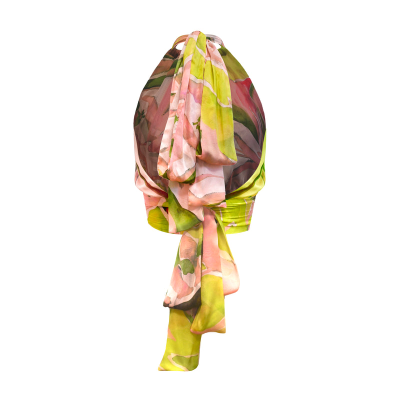 Bardot Top - Silk Chiffon - Pink / Green Abstract