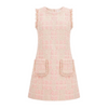Bubblegum pink tweed shift dress featuring a sleeveless silhouette, round neckline, tailored A-line shape, frayed trim detailing, and front patch pockets. Elegant women’s tweed mini dress with playful Palm Beach style, perfect for luncheons, resort wear, spring events, vacations, and polished warm-weather occasion dressing. Made in Palm Beach, USA.
