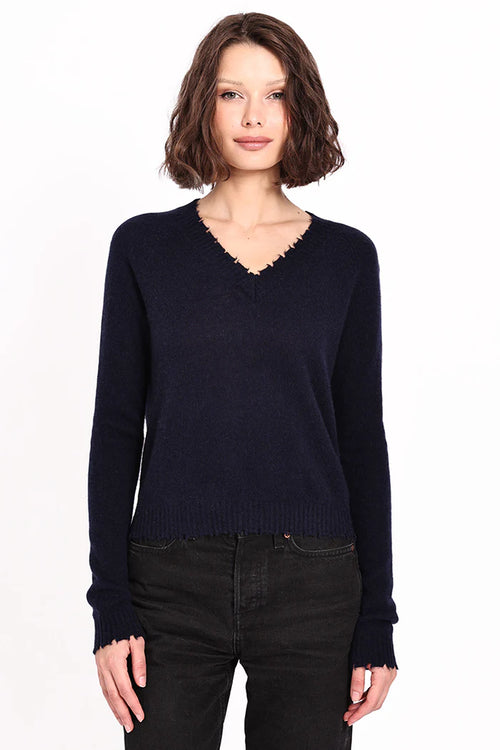 Cashmere Frayed Edge Vee - Navy