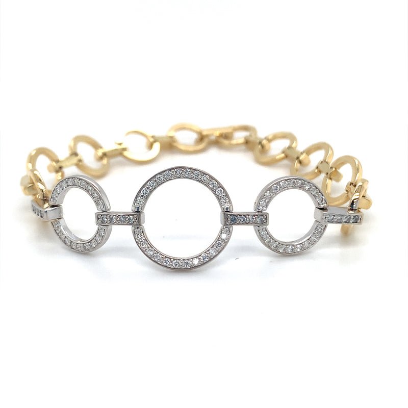 Circle Link YG Bracelet with 3 white gold links with Diamonds