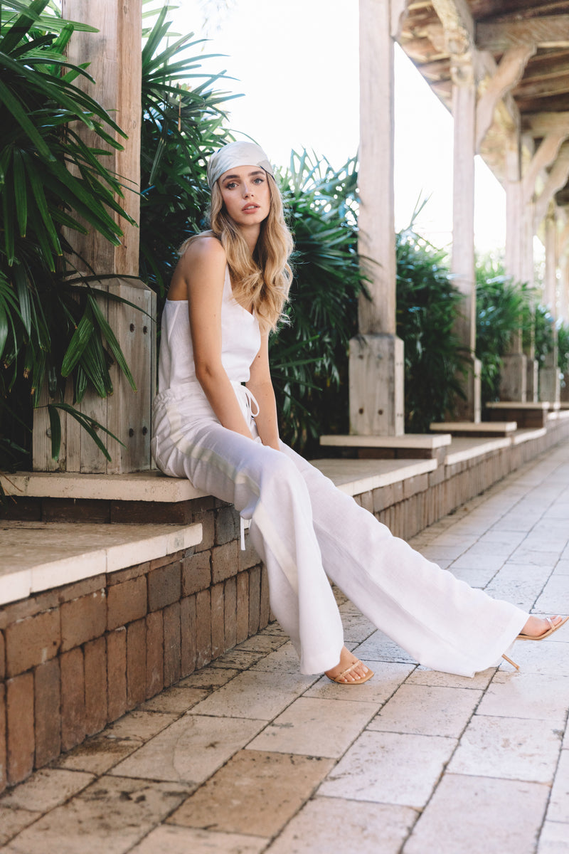 Drawstring Pant Linen Side Stripe - Optic White