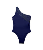 Crystal Embellished One Shoulder Swimsuit - Navy