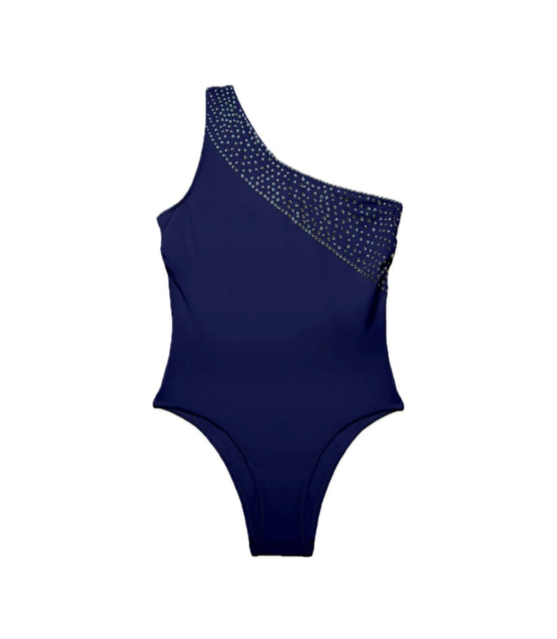 Crystal Embellished One Shoulder Swimsuit - Navy