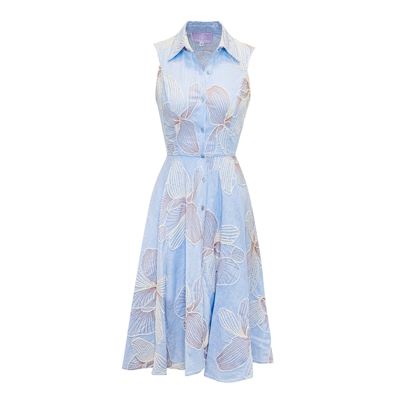 Alice Midi Dress - Blue with Blush Embroidery