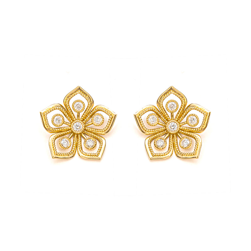 Flower with Diamonds in Yellow Gold Earrings