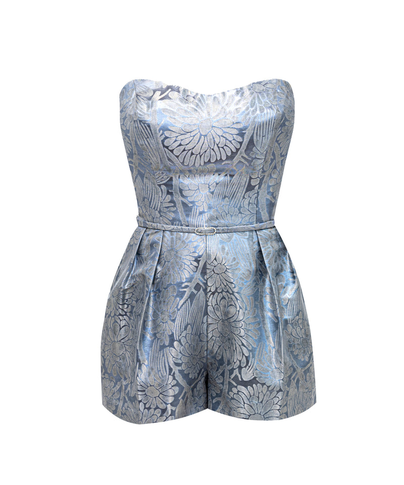 Money Penny Strapless Romper - Blue Brocade