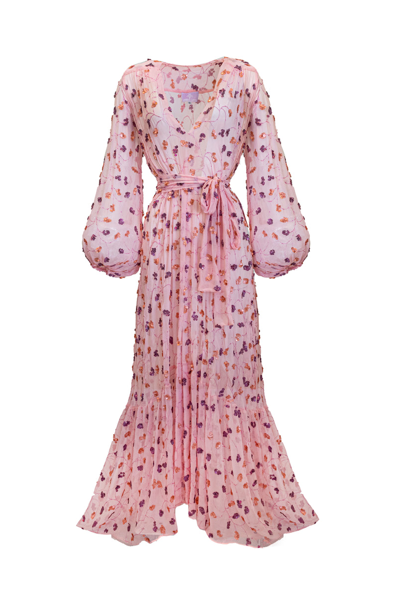 Aliett Maxi Dress Embroidered Chiffon - Sequin Pink