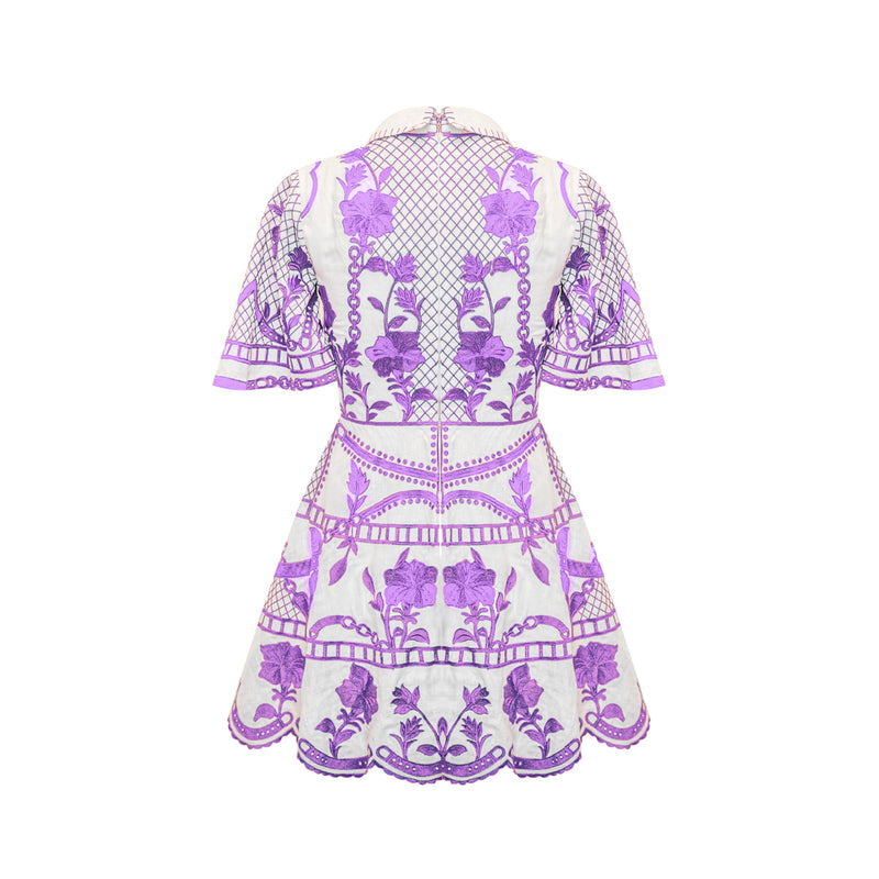 Embroidered Mini Dress - White and Purple