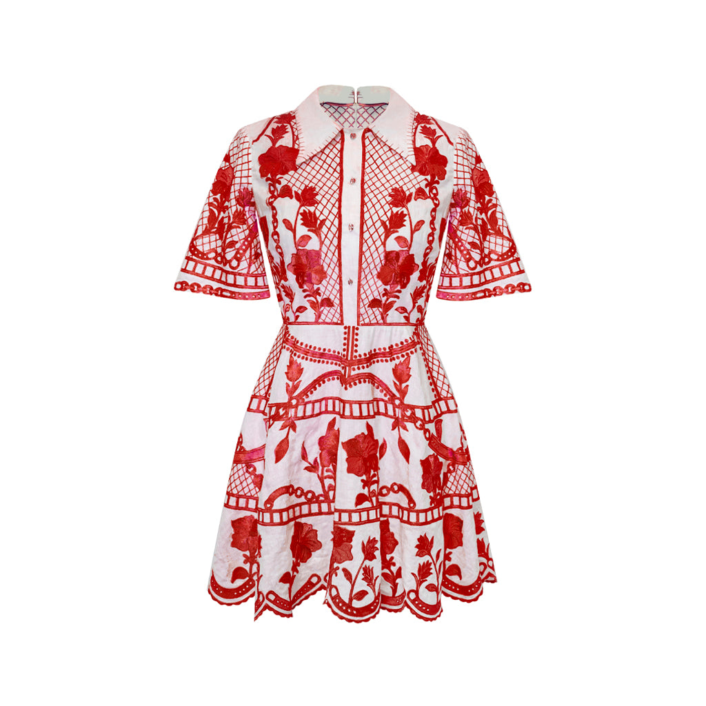 Embroidered Mini Dress - White and Red – Michelle Farmer