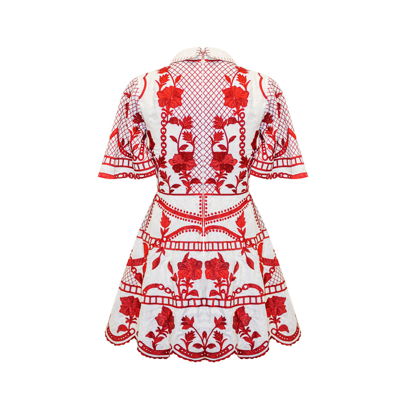 Embroidered Mini Dress - White and Red