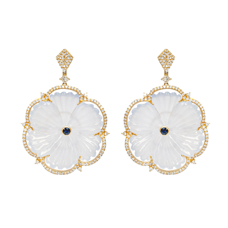 Diamond, Sapphire and Chalcedony in Yellow Gold Flower Earrings