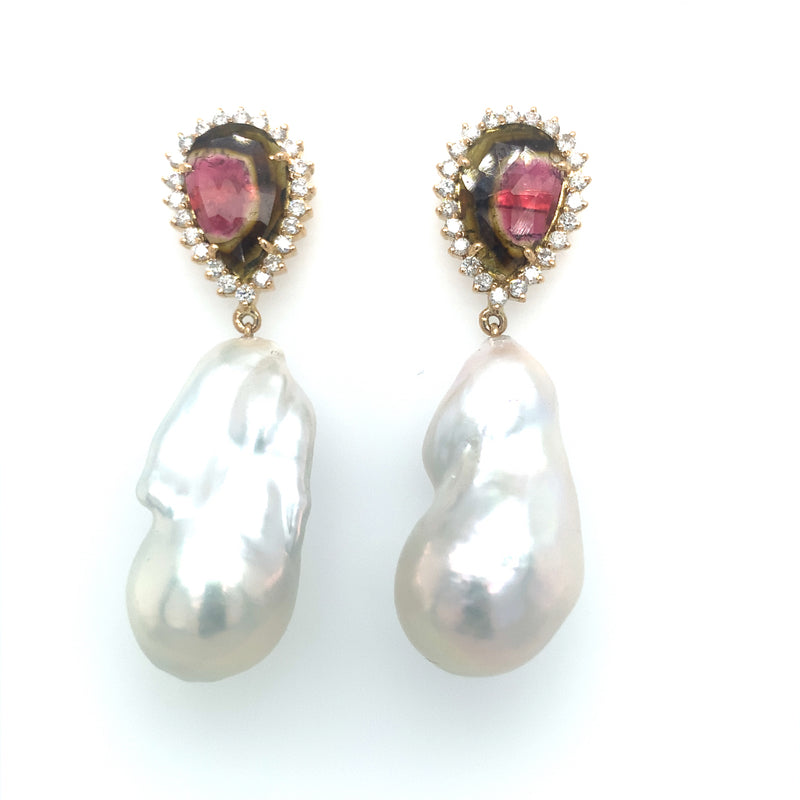 Pearl Earring with Watermelon Tourmaline Post