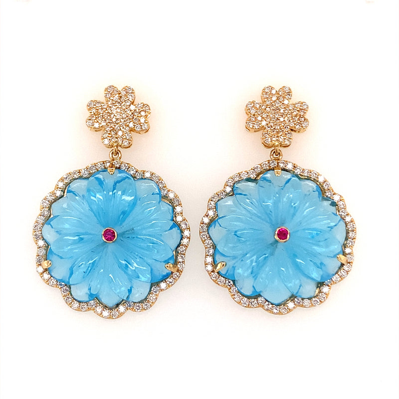 Blue Topaz Carved Flower Drop Earrings