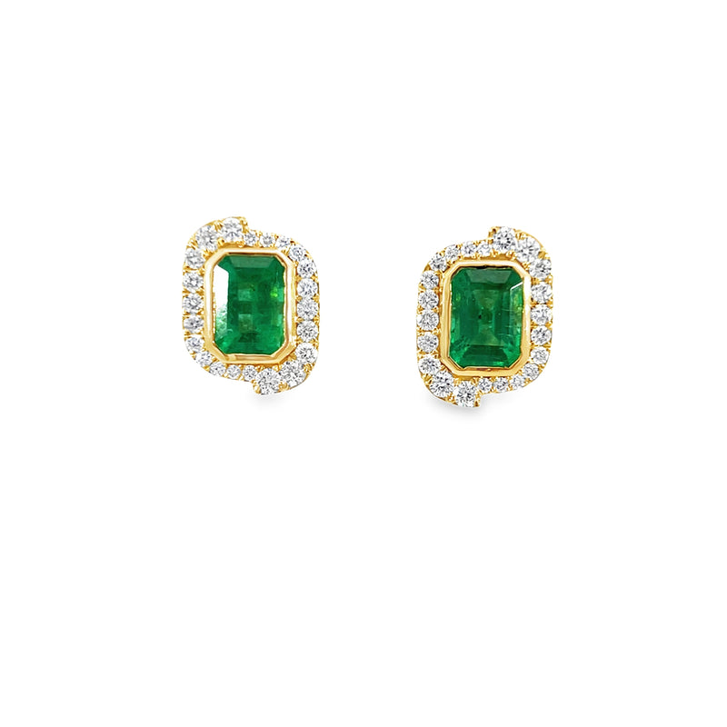 Earring - Emerald cut Emerald with Pave Diamond Frame
