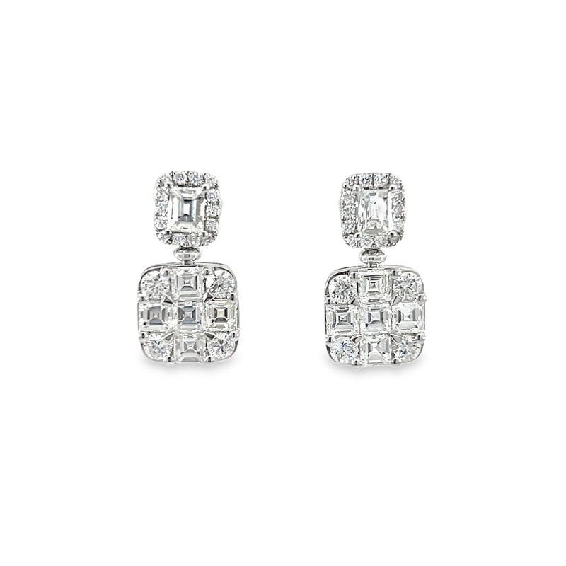 Earrings- Emerald Cut Diamond Post w/ Diamond "Checkerboard" Drop