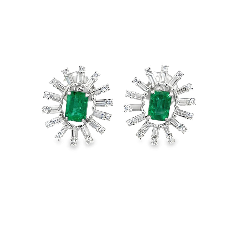 Earring - Emerald Cut Emerald with Baguette Sunburst