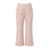 Michi Cropped Pant in bubblegum pink and ivory tweed featuring a flattering cropped silhouette, mid-rise waist, tailored fit, and statement front patch pockets with fringe trim. Elegant women’s tweed pants with a lightweight structured finish, perfect for luncheons, resort wear, special events, and polished day-to-evening styling when paired with the matching Michi Tank.