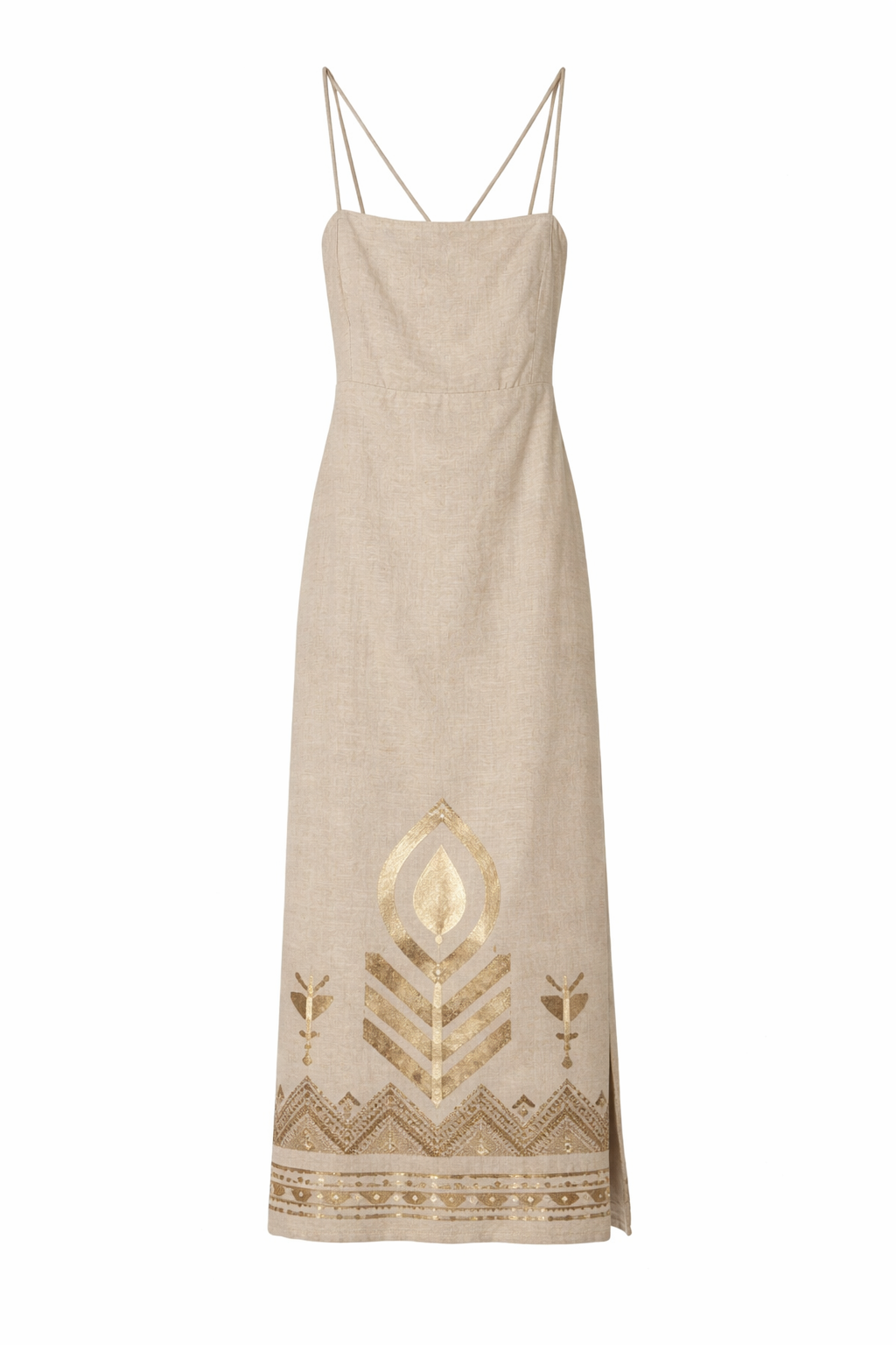 Cross Strp Feather Emb Dress- Beige/Gold Large / Beige/Gold