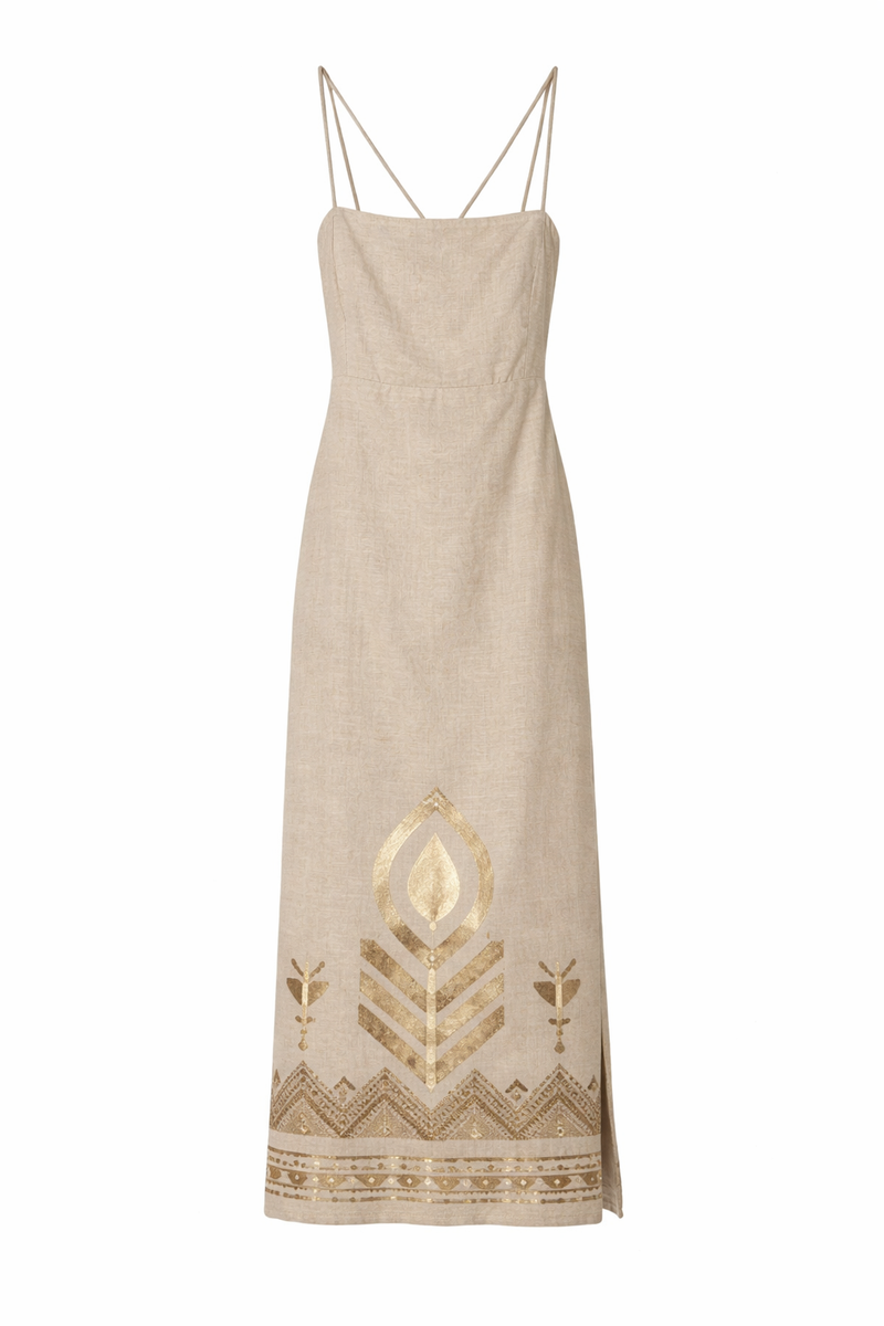Cross Strp Feather Emb Dress- Beige/Gold