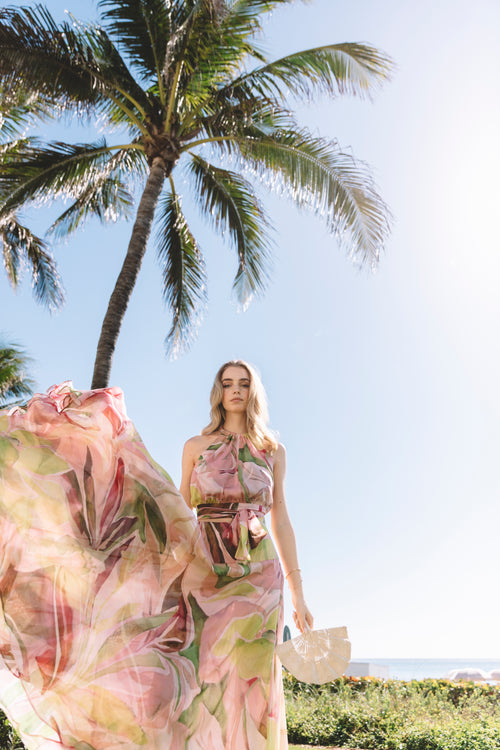 Bardot Top - Silk Chiffon - Pink / Green Abstract