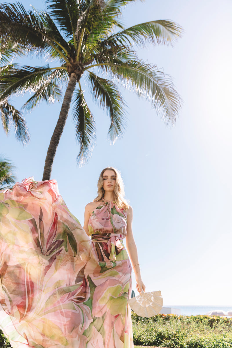 Bardot Top - Silk Chiffon - Pink / Green Abstract