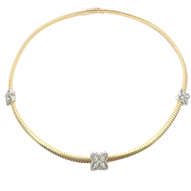 Choker- Three - Diamond Four Leaf Clover on Yellow Gold Band