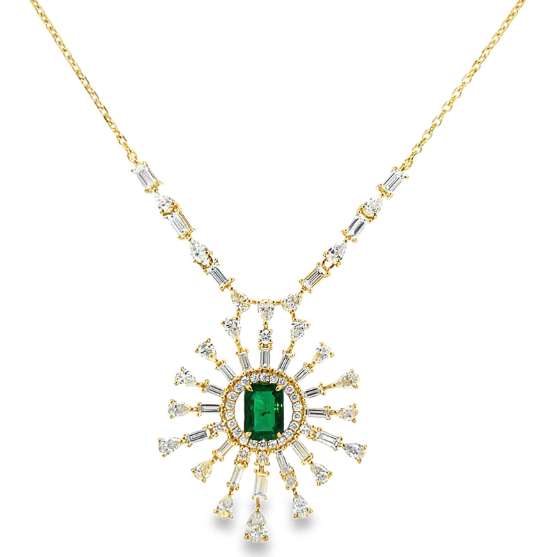 Necklace- Emerald & Diamond Star Pendant w/ Oval & Baguette Diamond Bar & Chain