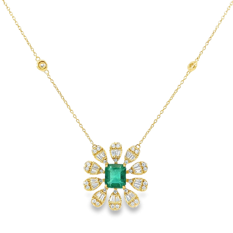 Necklace- Emerald & Diamond Flower Pendant on Floating Diamond & YG Chain