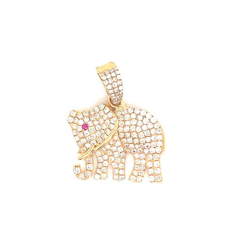 Small pave lephant with white diamonds and ruby eye set in yellow gold