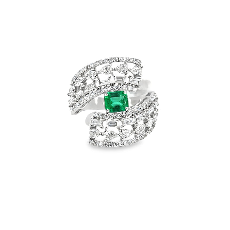 Ring - Twist with Baguette, Pear and Pave Diamonds with Emerald Stone