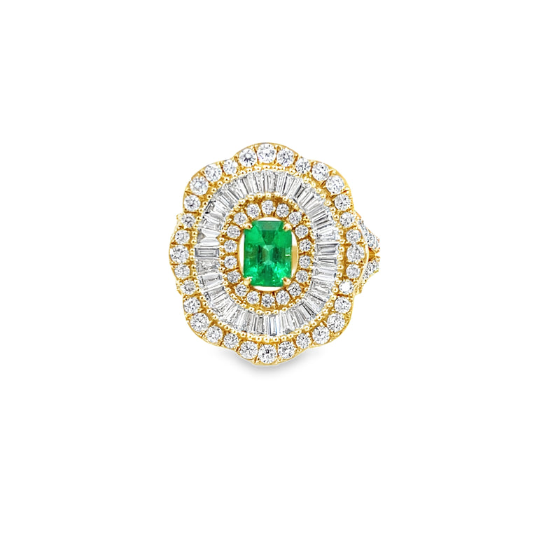 Deco Flower with Baguette and Round Diamonds with Emerald Center Stone