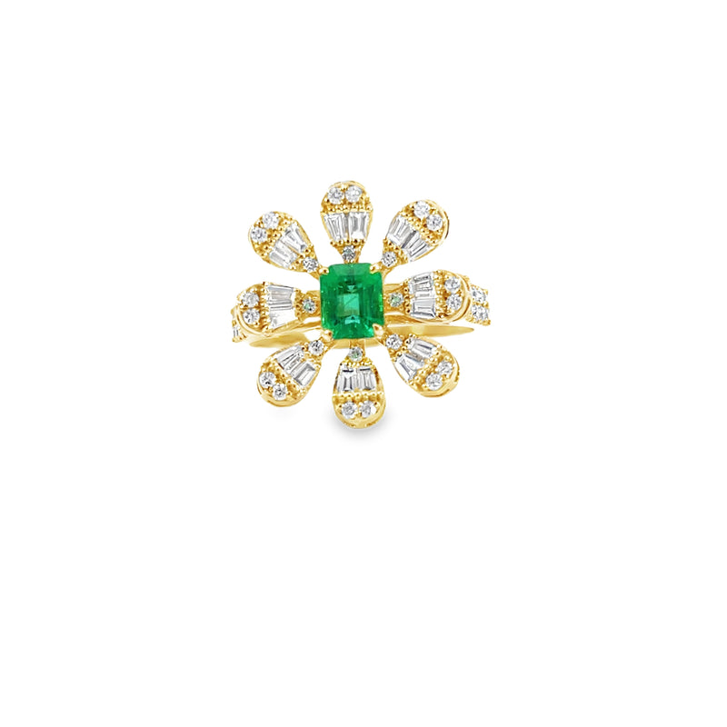 Ring - Baguette Petals with Emerald Center and Pave Band