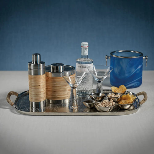 Mendocino Aluminum Tray w/ Rattan Handle- Silver