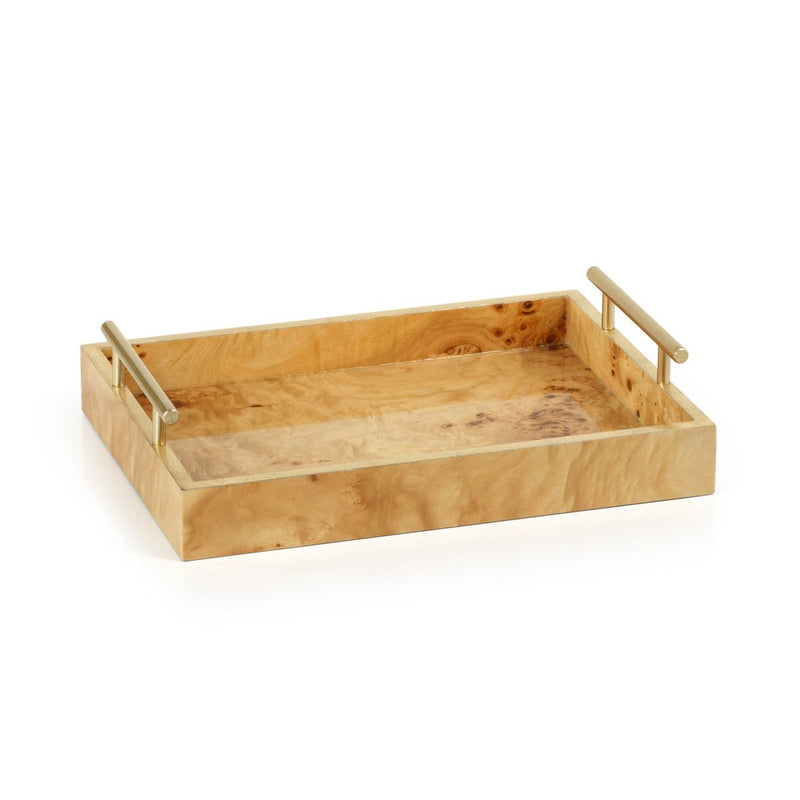 Leiden Burl Wood Rectangular Tray with Gold Handles - Medium