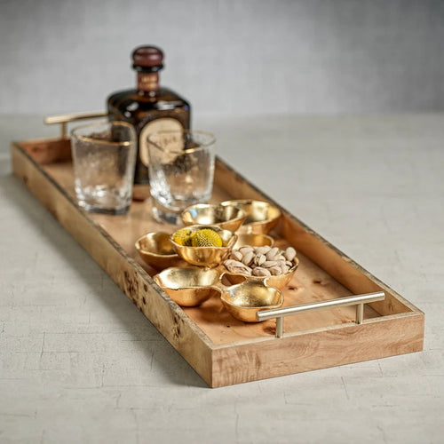 Leiden Burl Wood Rectangualr Tray w/Gold Handles - Large