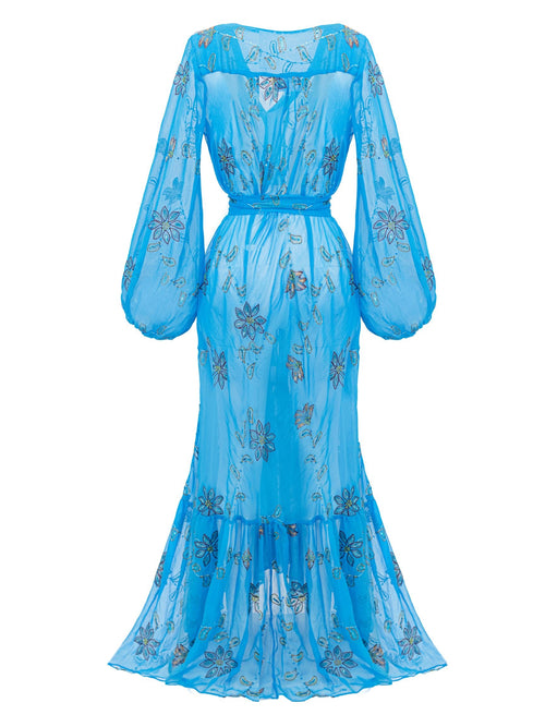 Aliett Maxi Dress Embroidered Chiffon- Sequin Turquoise