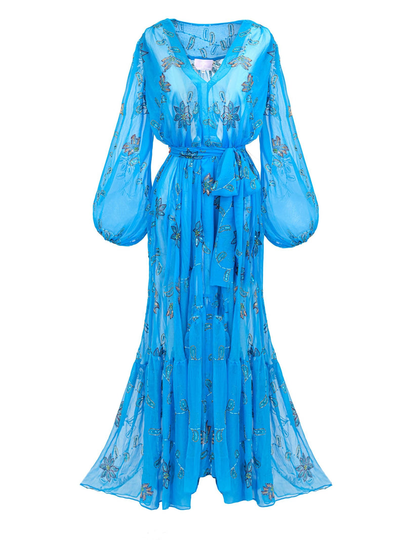 Aliett Maxi Dress Embroidered Chiffon- Sequin Turquoise