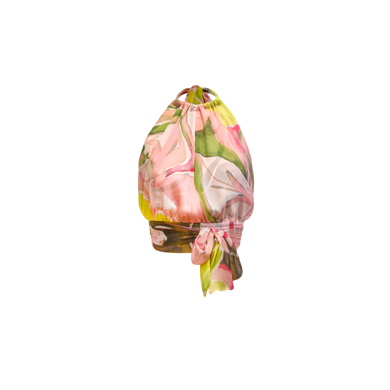 Bardot Top - Silk Chiffon - Pink / Green Abstract